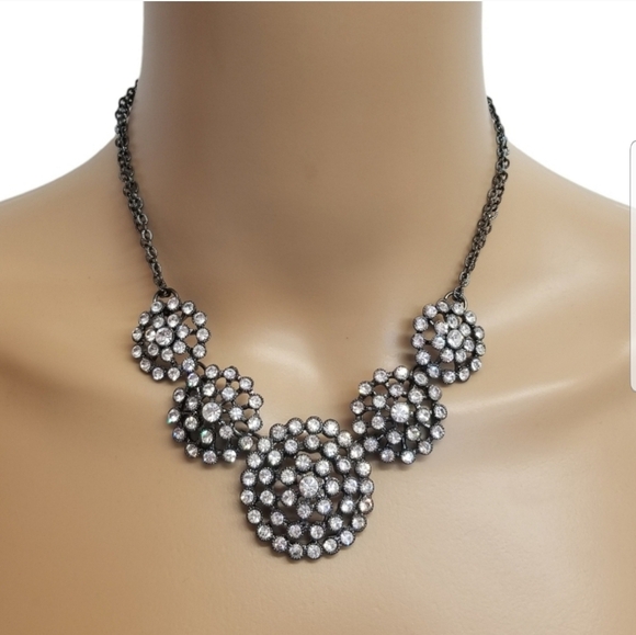 VINTAGE GUNMETAL & CZ FASHION NECKLACE - Picture 1 of 6